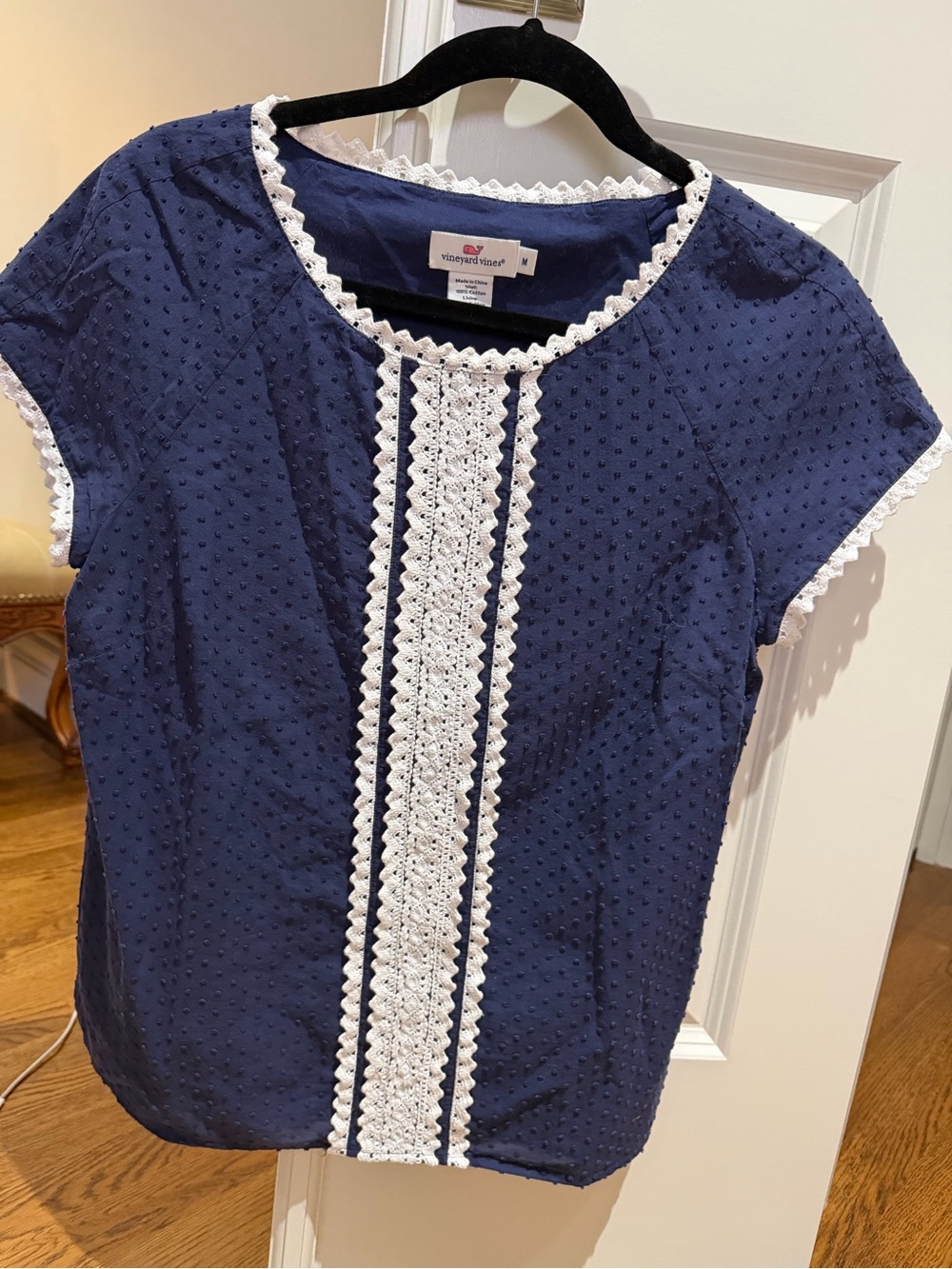 Vineyard Vines Navy Blue Eyelet Blouse with White Lace Trim